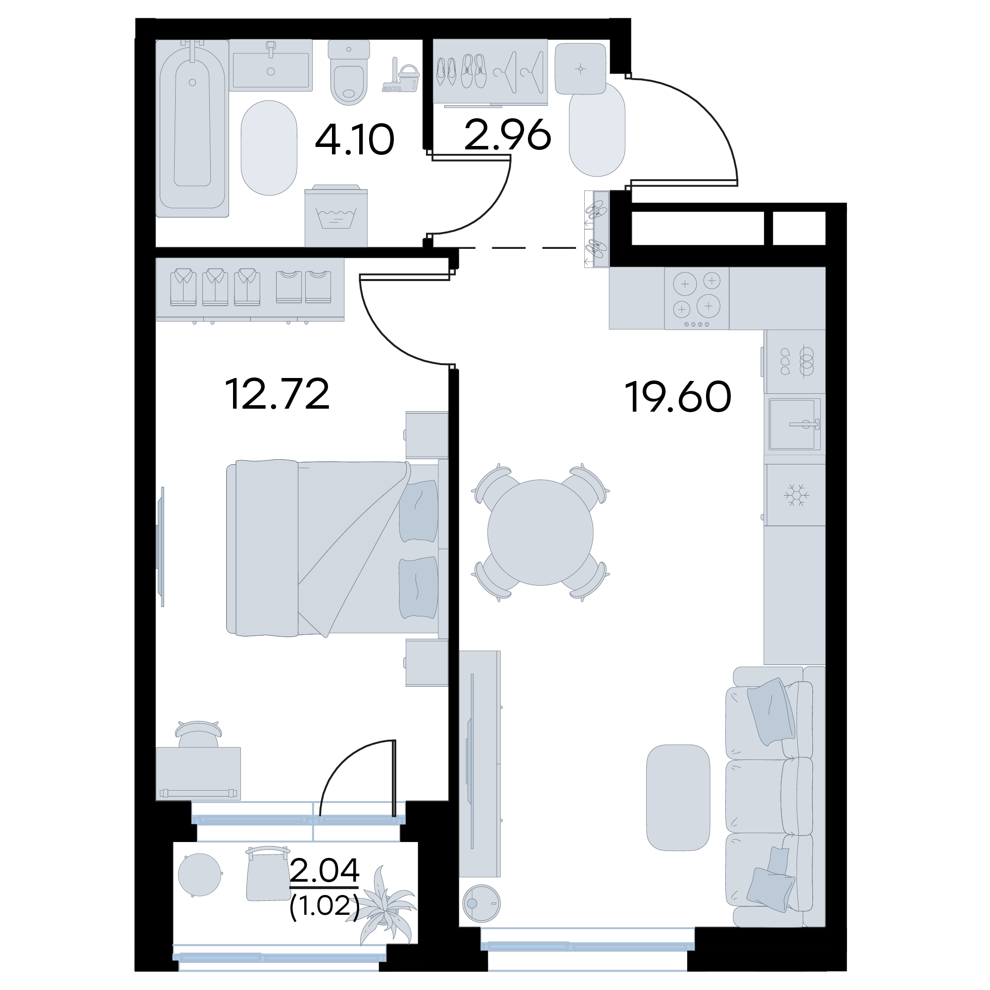 1-комнатная 40 м2 в ЖК GloraX Октябрьский корпус null этаж 2