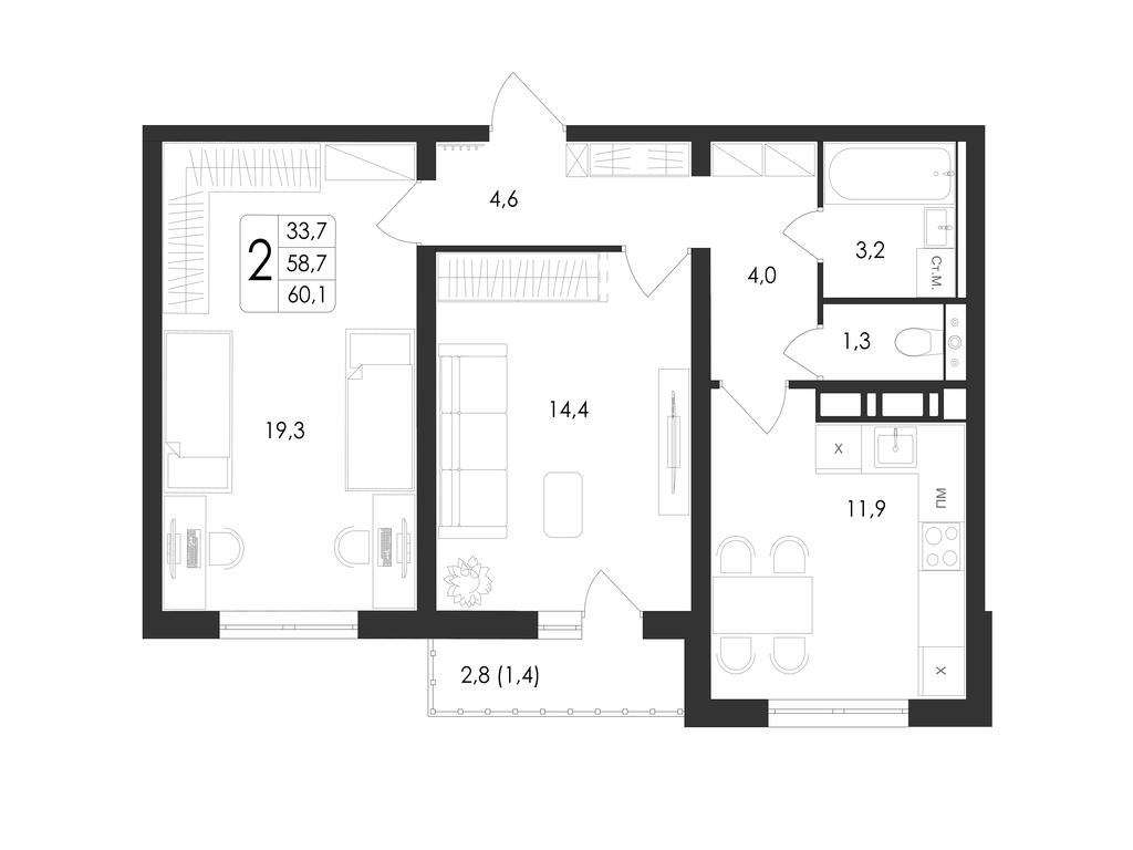 2-комнатная 60 м2 в ЖК Май корпус null этаж 12