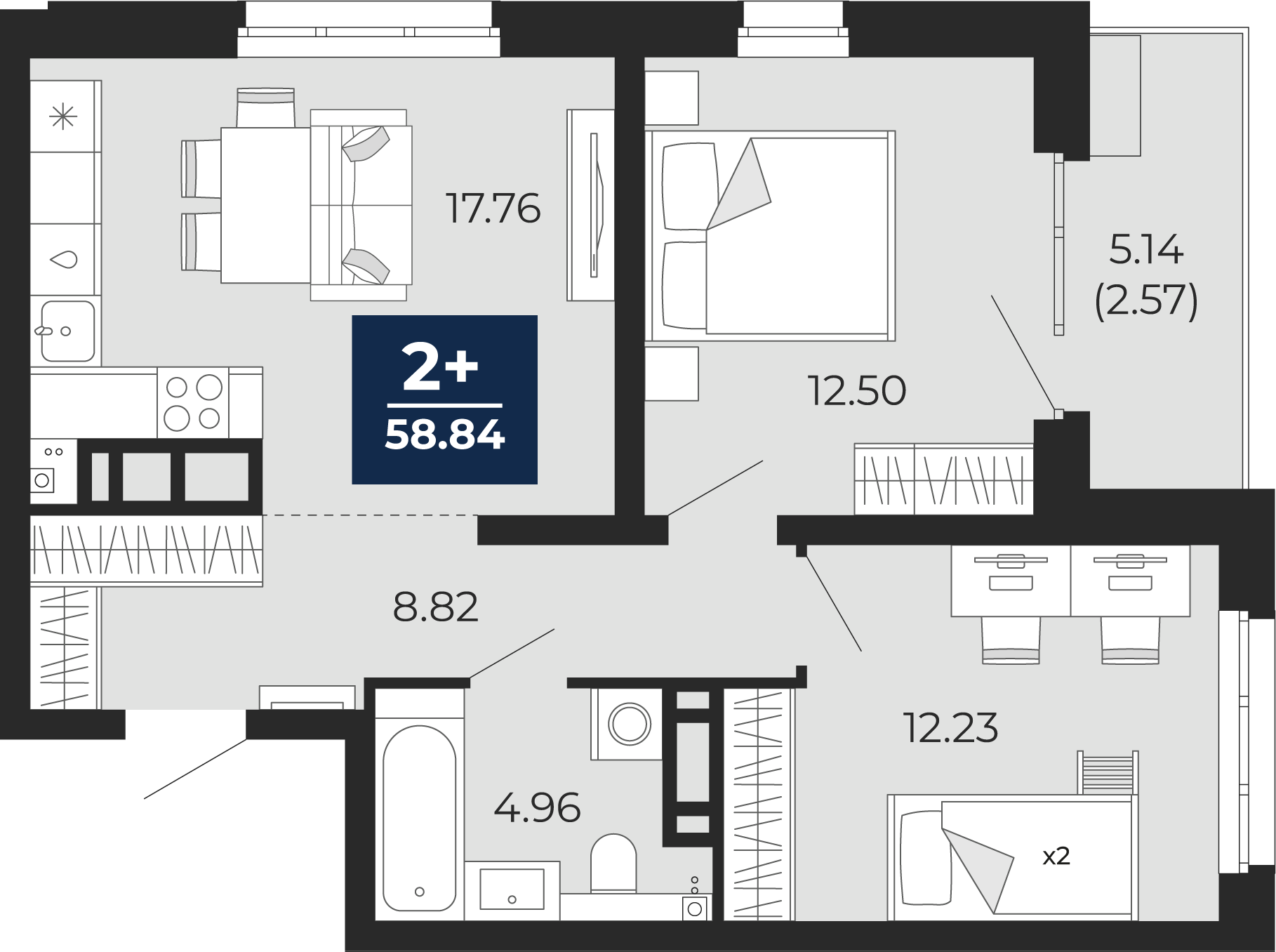 2-комнатная 56 м2 в ЖК Прео корпус null этаж 15