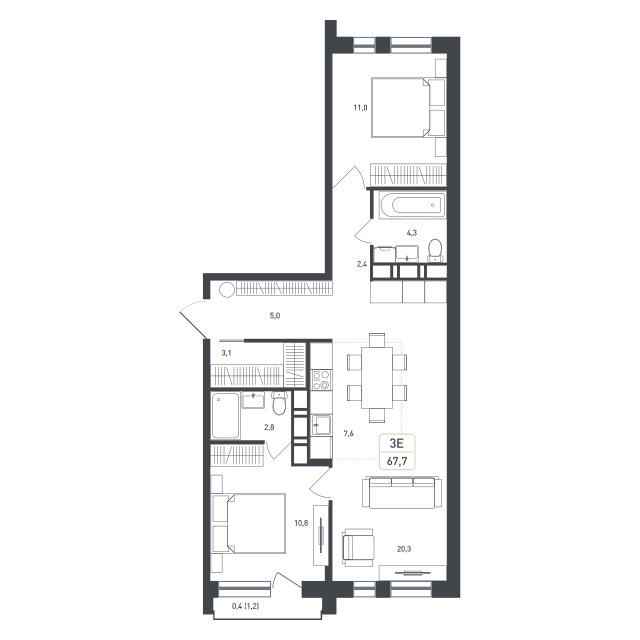 3-комнатная 67 м2 в ЖК Новая Щербинка корпус null этаж 8
