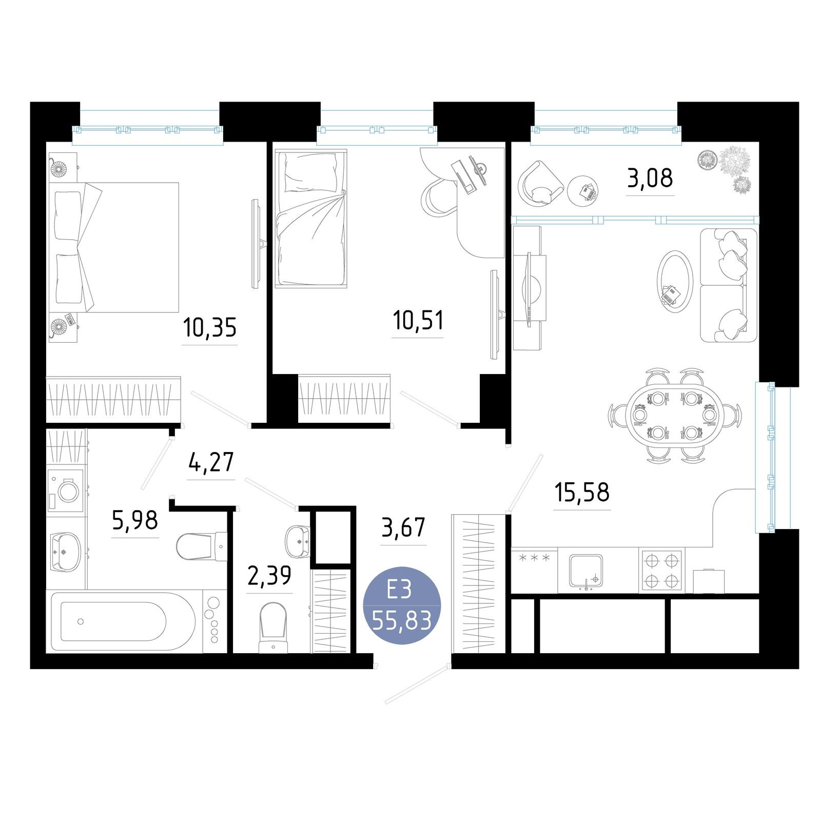 2-комнатная 55 м2 в ЖК Роща корпус null этаж 8