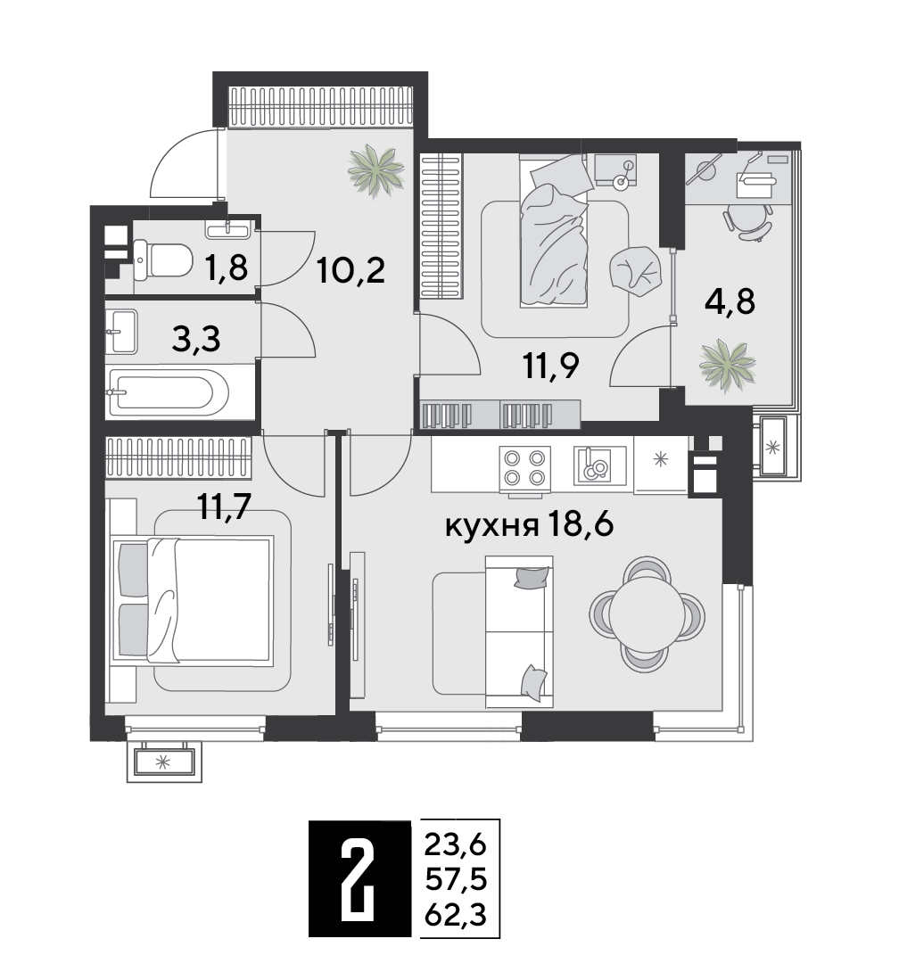 2-комнатная 62 м2 в ЖК Парк Победы 2 корпус null этаж 3