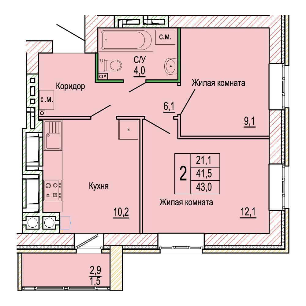 2-комнатная 43 м2 в ЖК Колизей корпус null этаж 1