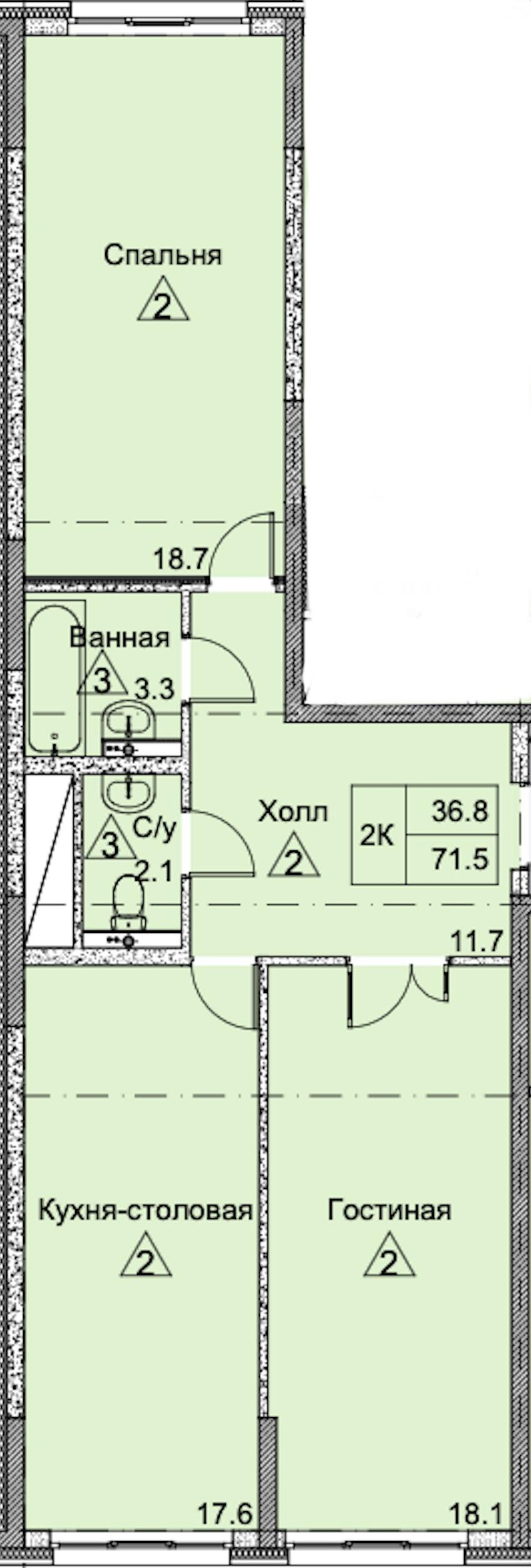 2-комнатная 71 м2 в ЖК Петровский Авеню корпус null этаж 12