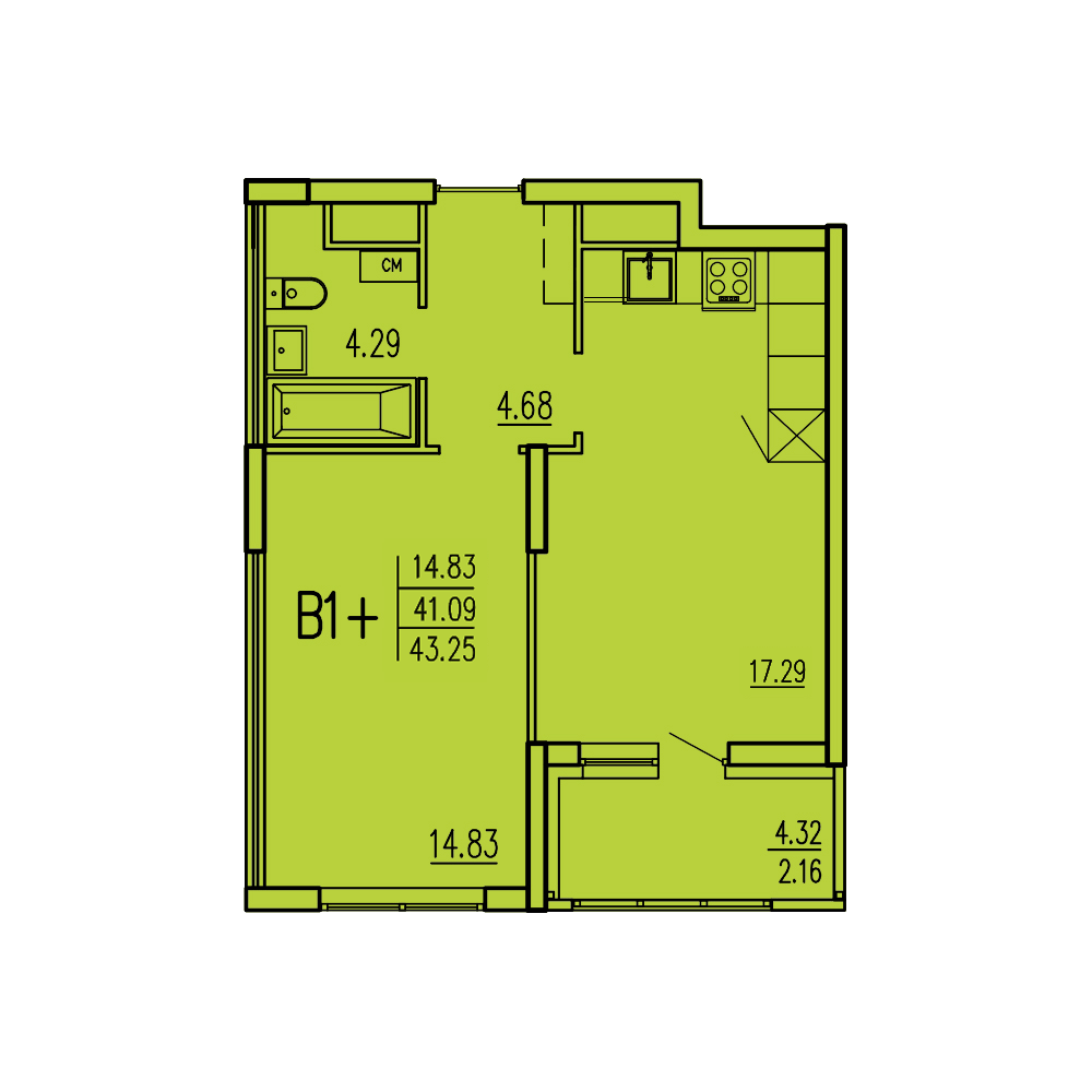 1-комнатная 43 м2 в ЖК Акварель корпус null этаж 13
