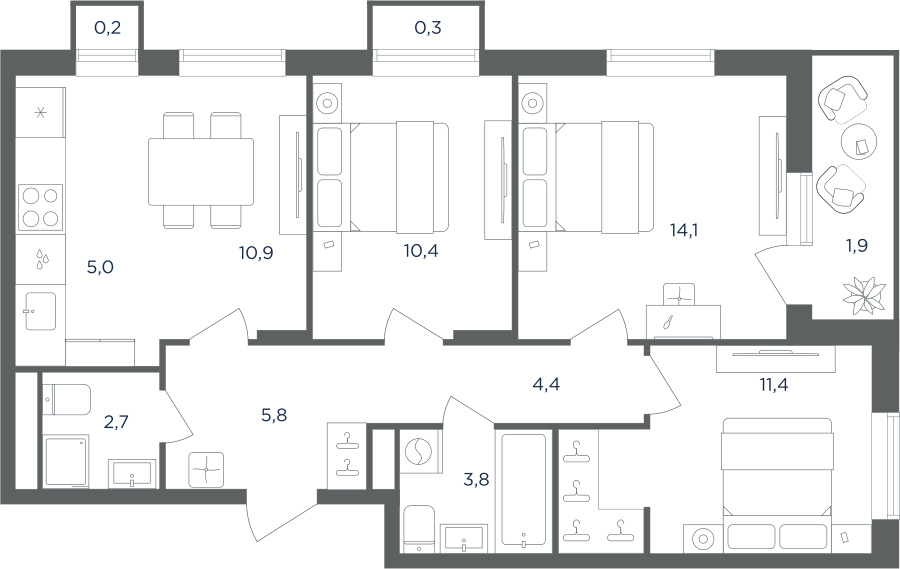 4-комнатная 70 м2 в ЖК Равновесие корпус null этаж 2