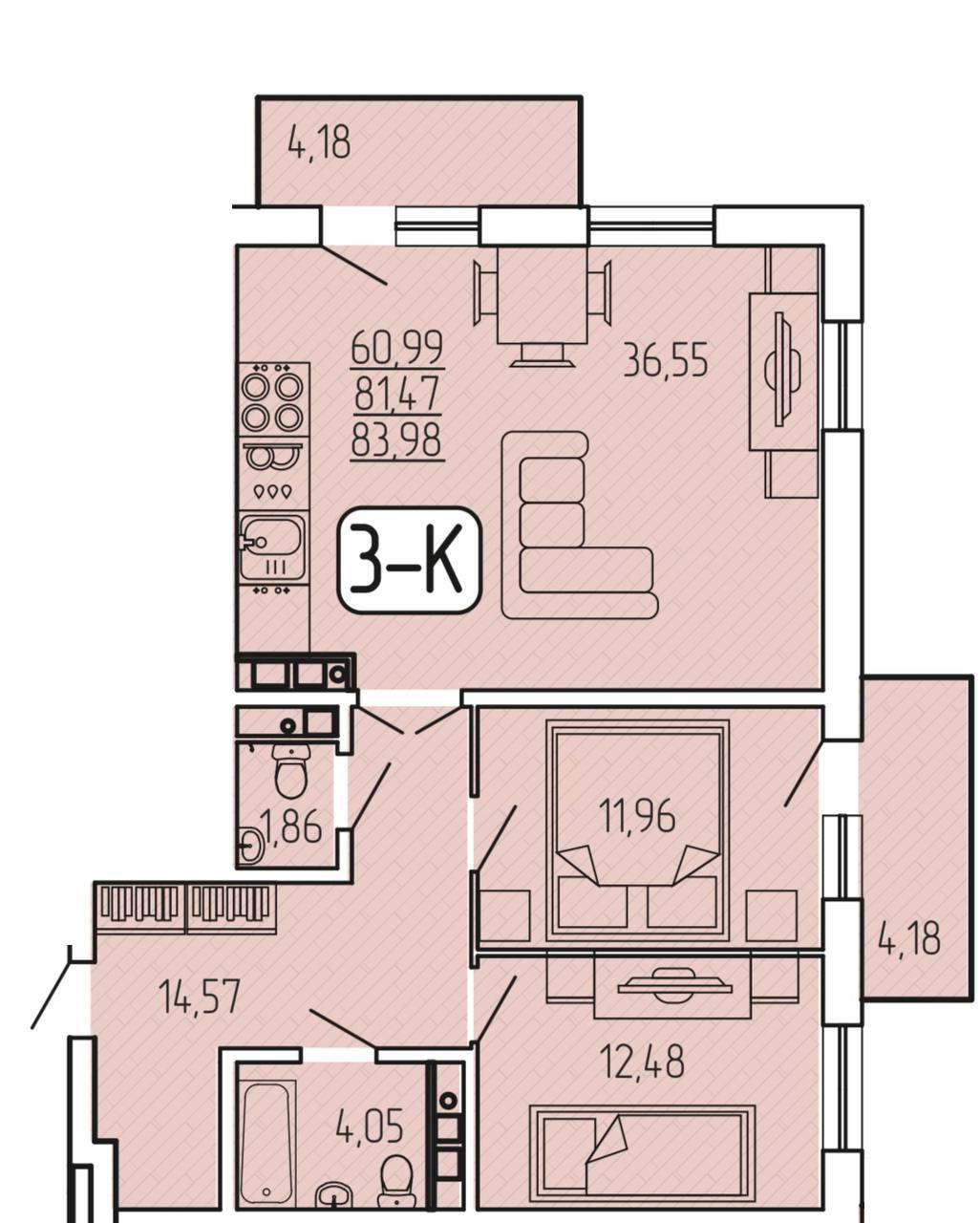 3-комнатная 84 м2 в ЖК undefined корпус null этаж 7