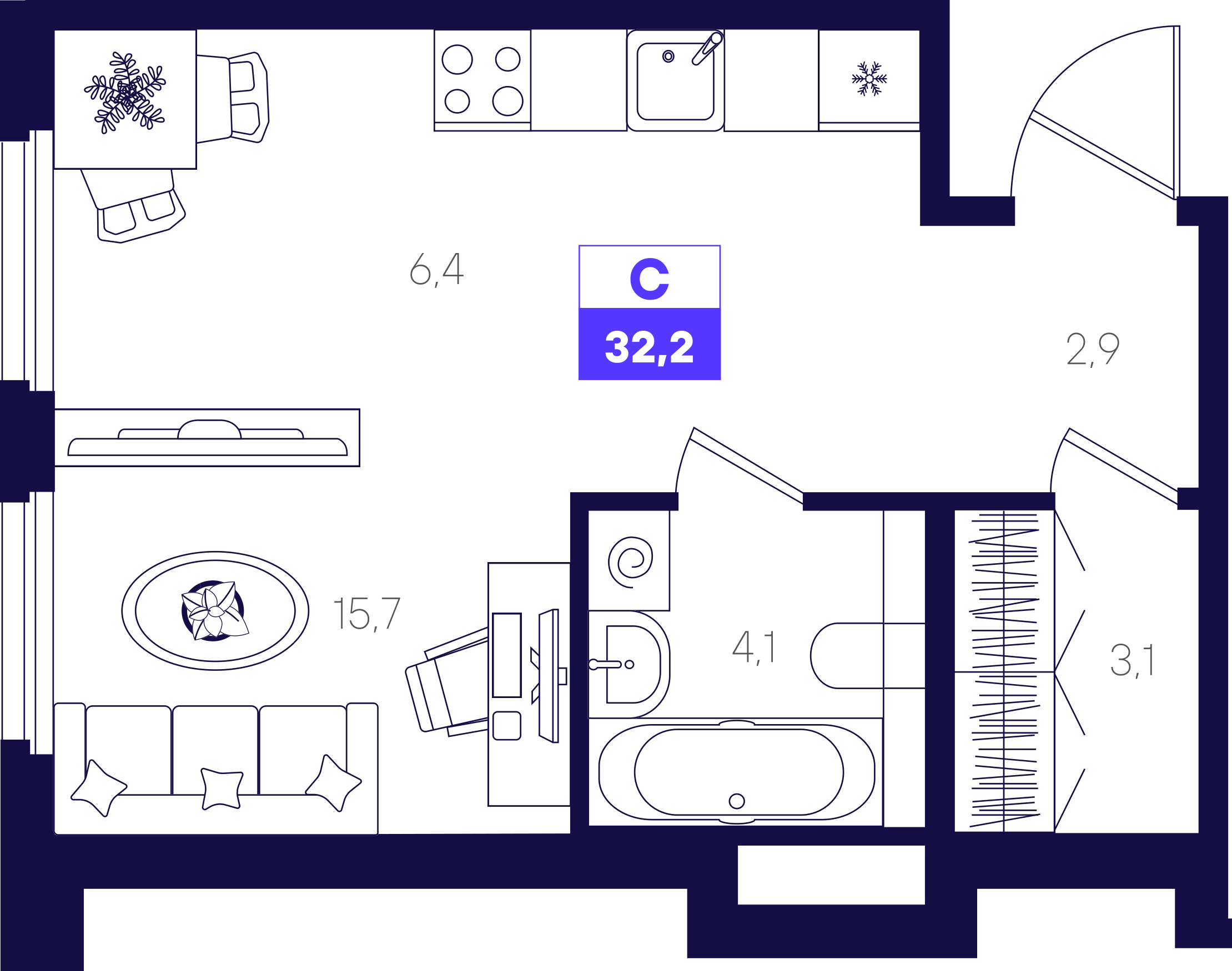 Студия 32 м2 в ЖК Отличие корпус null этаж 1