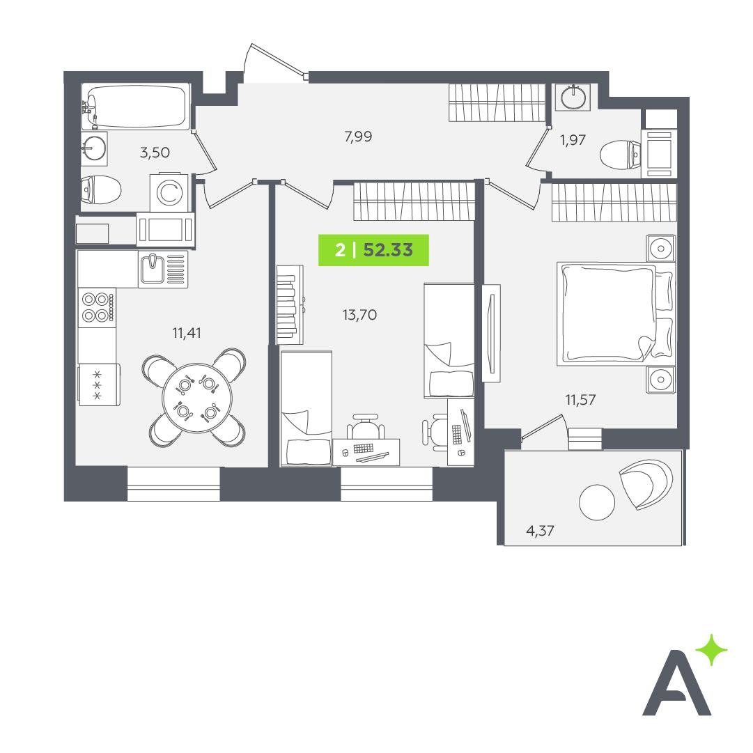 2-комнатная 51 м2 в ЖК Аквилон STORIES корпус null этаж 4