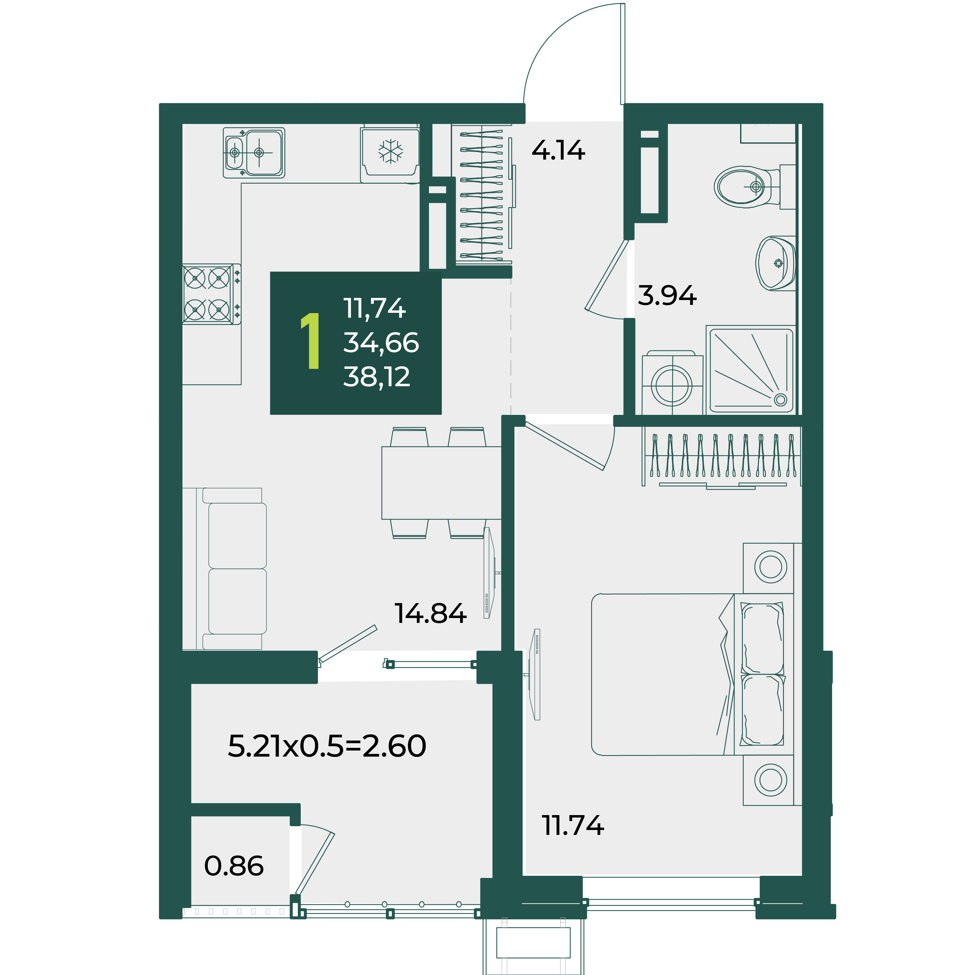 1-комнатная 38 м2 в ЖК Образцово корпус null этаж 11