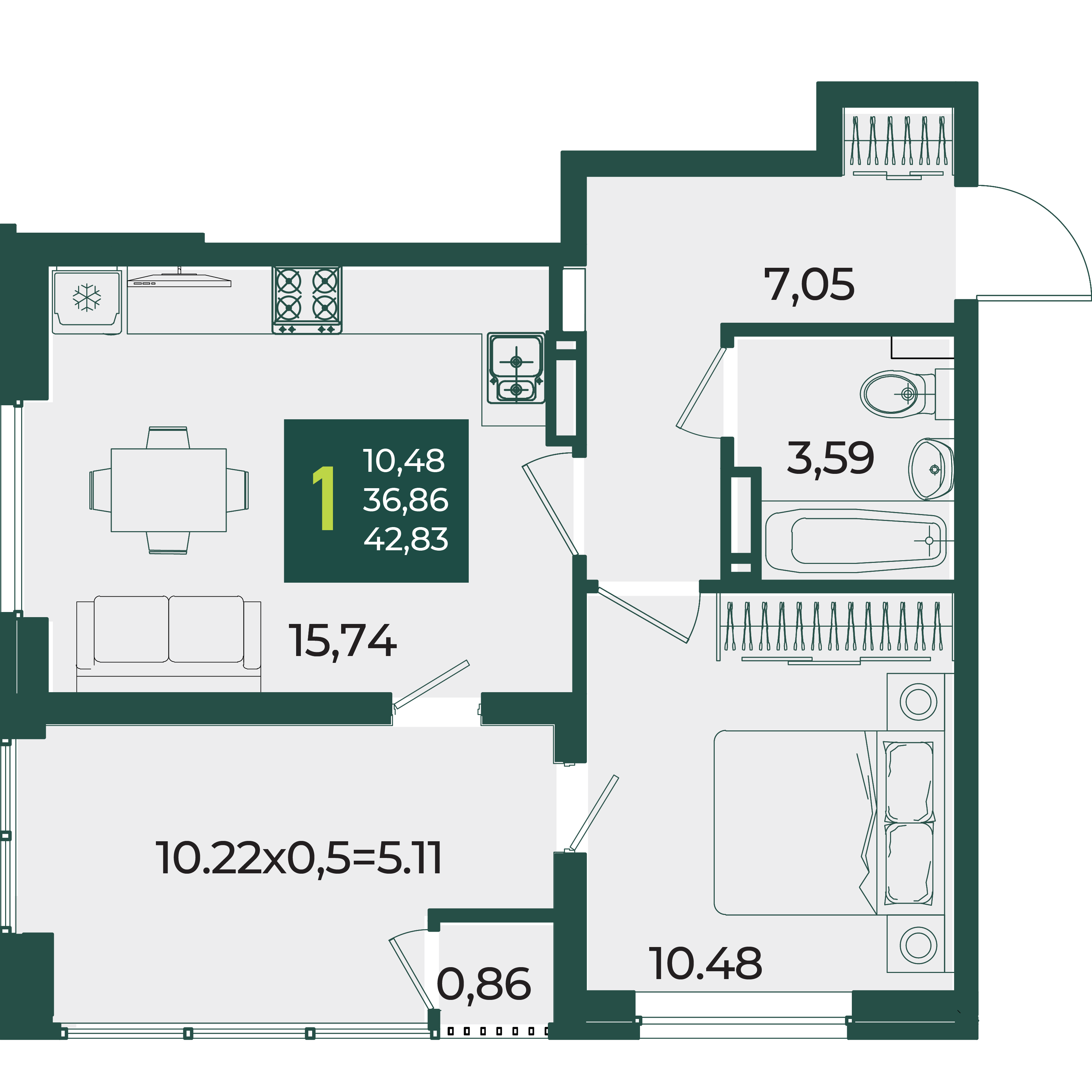 1-комнатная 42 м2 в ЖК Образцово корпус null этаж 11