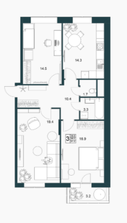 3-комнатная 81.5 м2 в ЖК undefined корпус null этаж 2