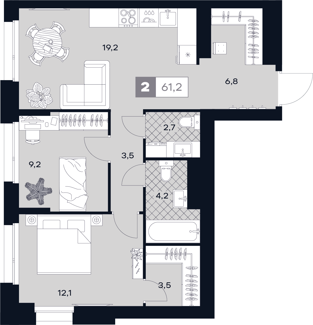 2-комнатная 61 м2 в ЖК Юту корпус null этаж 29