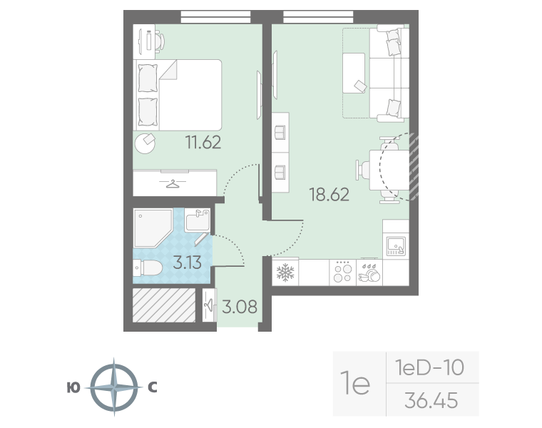 1-комнатная 36 м2 в ЖК Морская миля корпус null этаж 9
