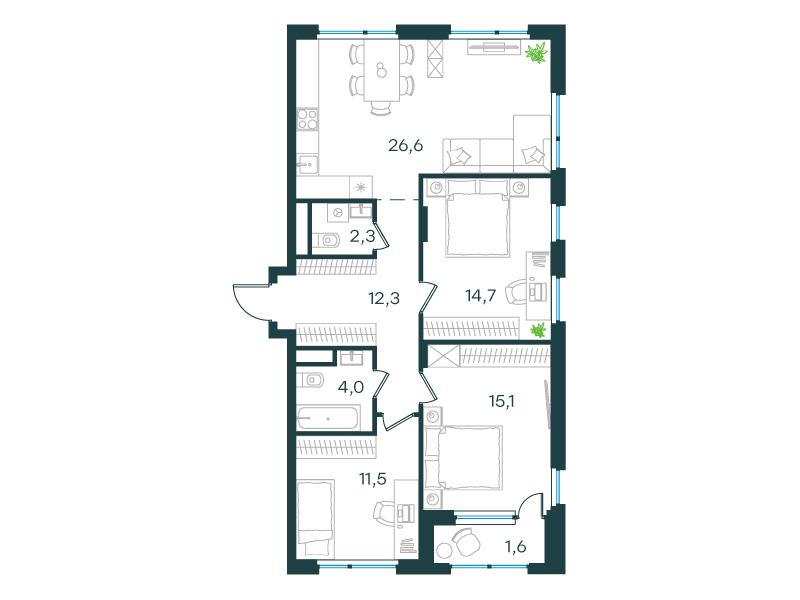 3-комнатная 88 м2 в ЖК Level Лесной корпус null этаж 9
