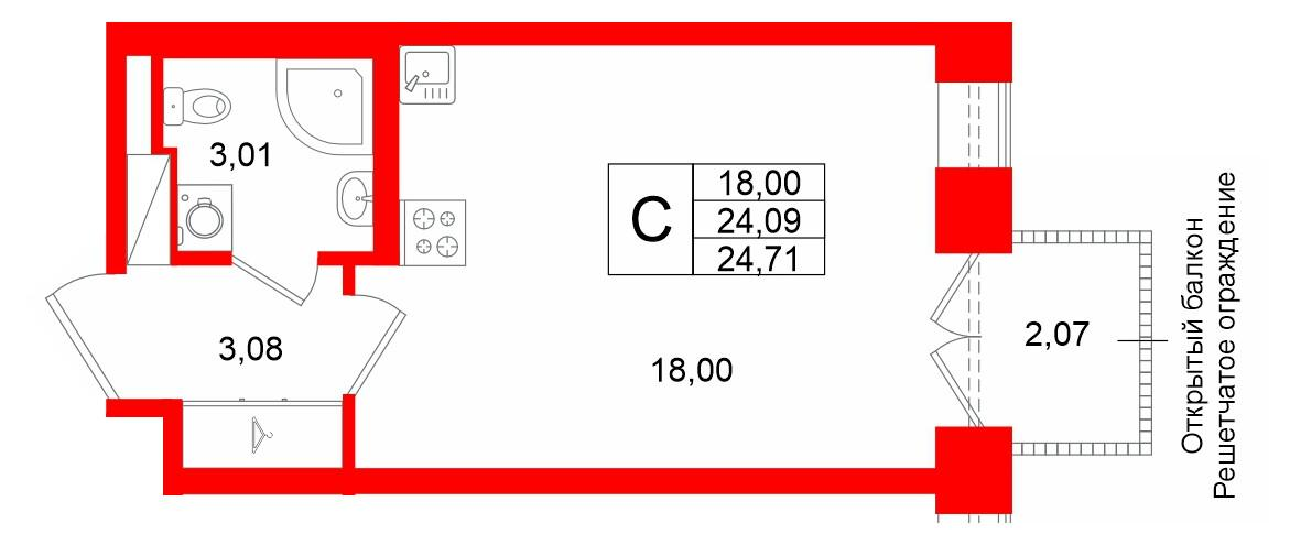 Студия 24 м2 в ЖК Аристократ корпус null этаж 7
