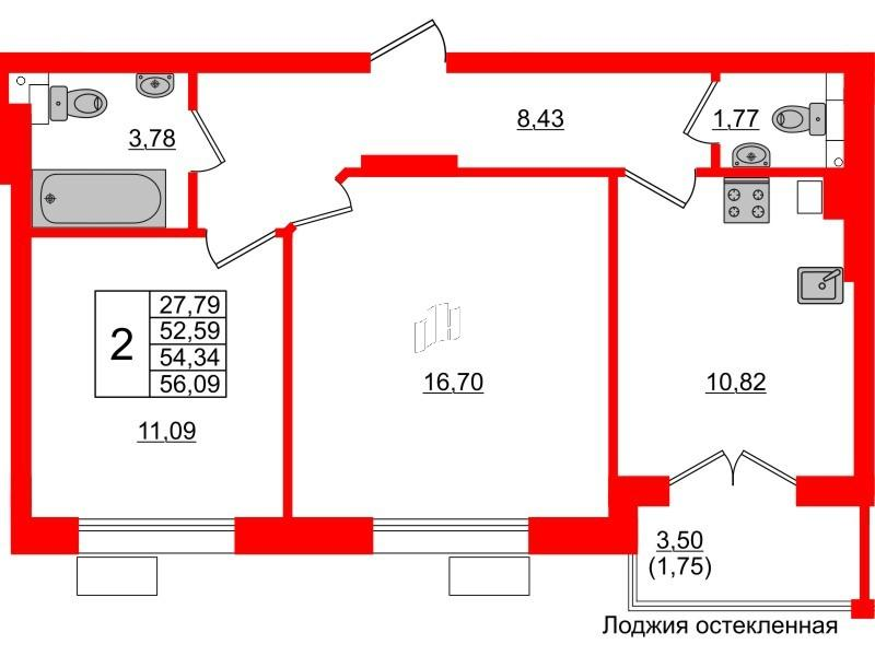 2-комнатная 54 м2 в ЖК Lake City-10 корпус null этаж 1