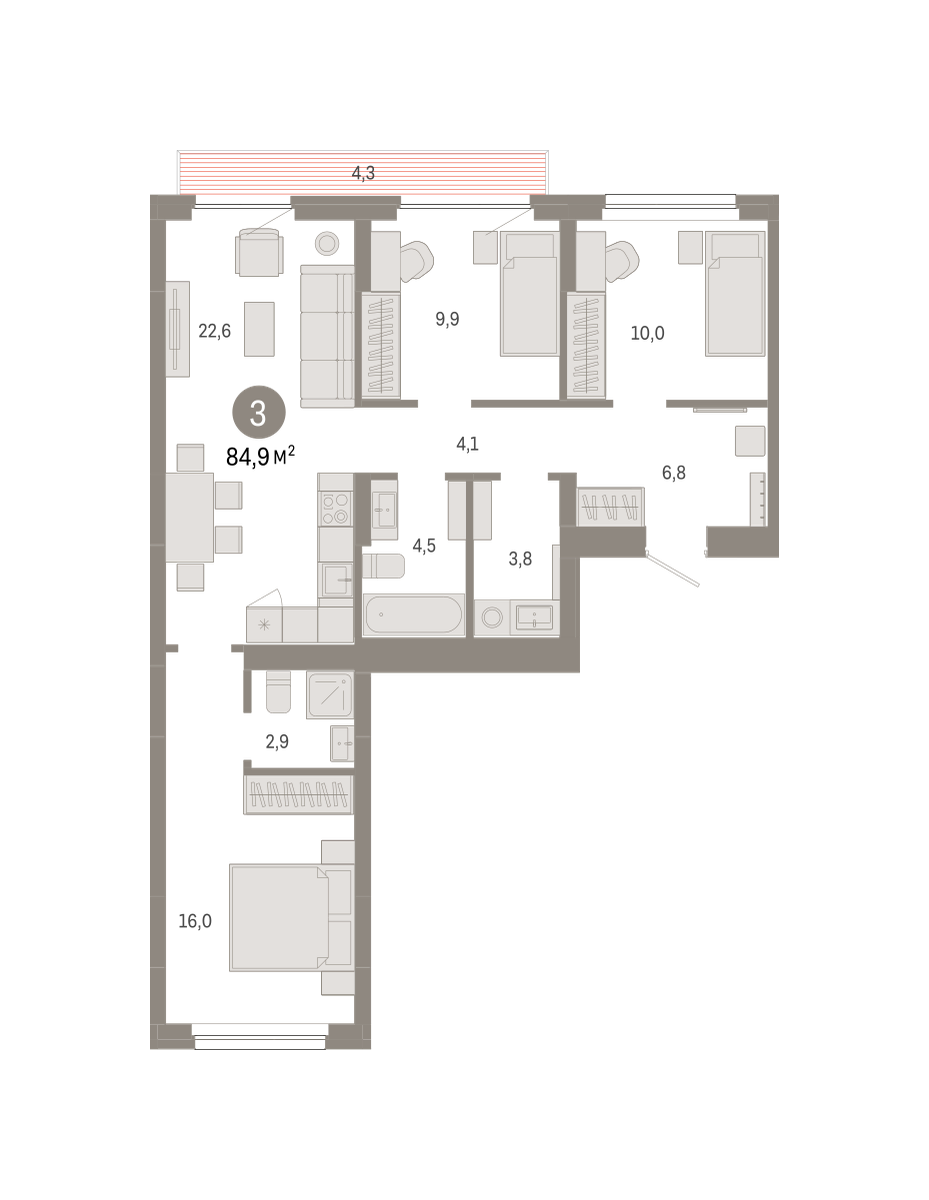 3-комнатная 84 м2 в ЖК Лебедевский корпус null этаж 3