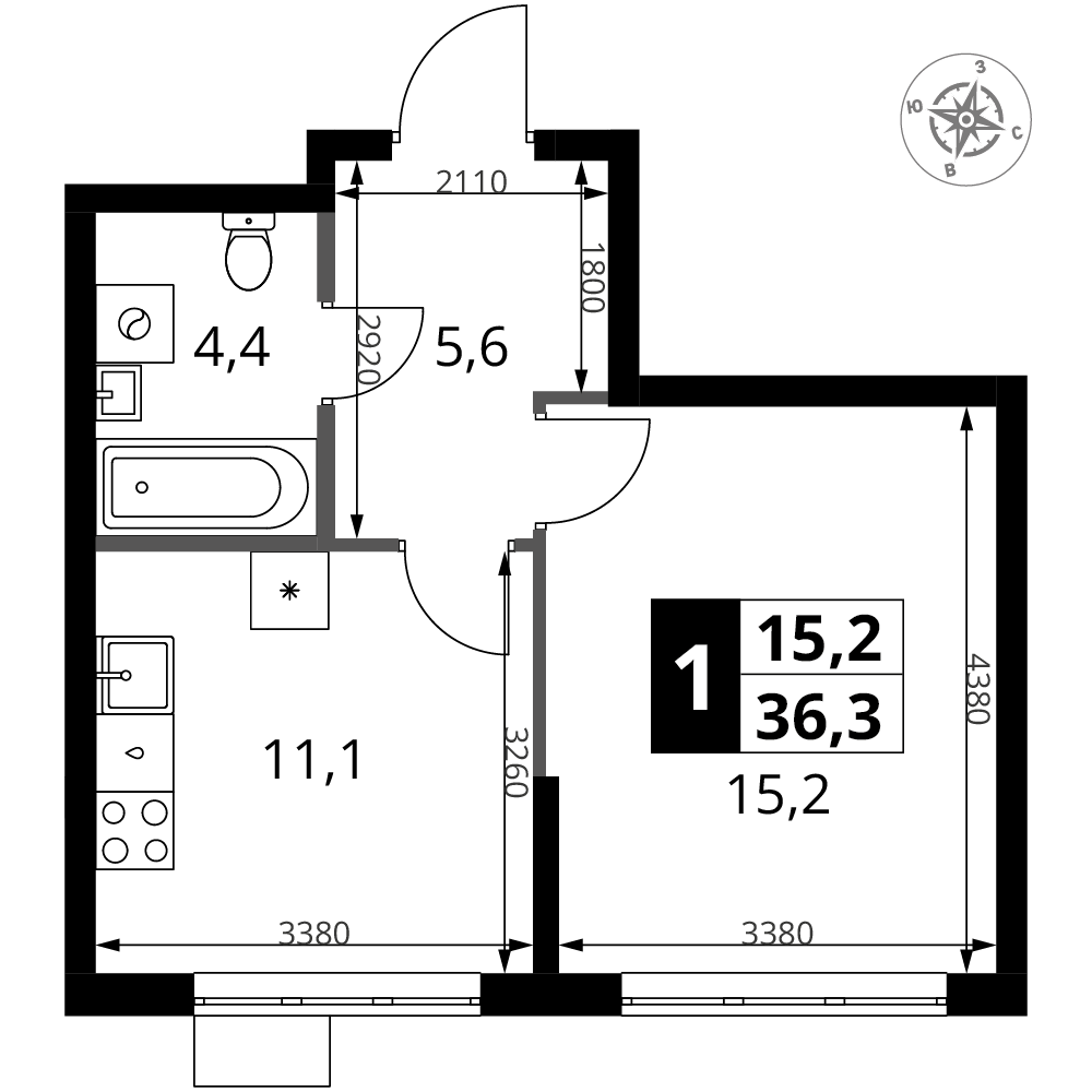 1-комнатная 36 м2 в ЖК 1-й Ясеневский корпус null этаж 3