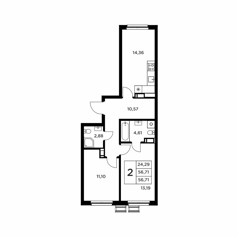 2-комнатная 56 м2 в ЖК Соседи корпус null этаж 3