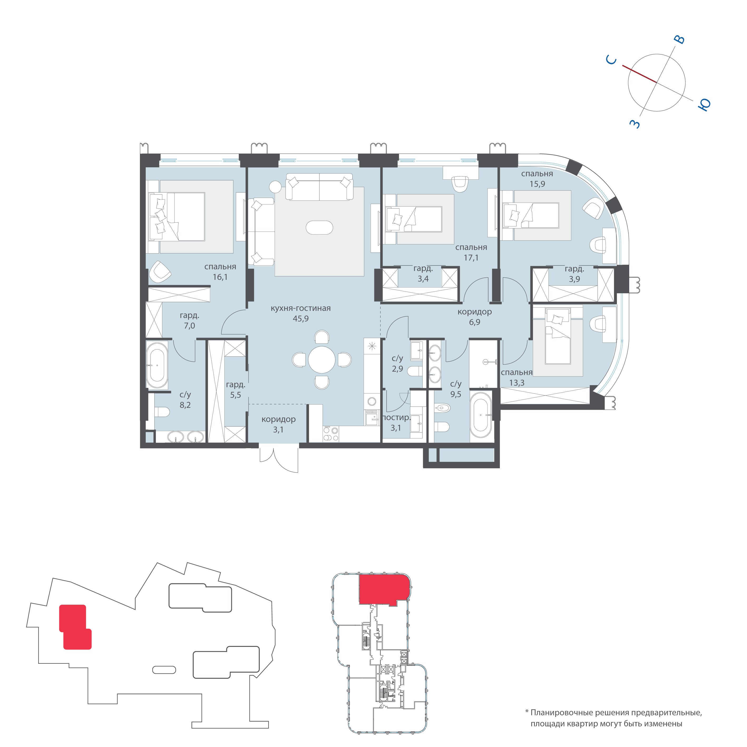 4-комнатная 163 м2 в ЖК Татарская 35 корпус null этаж 3