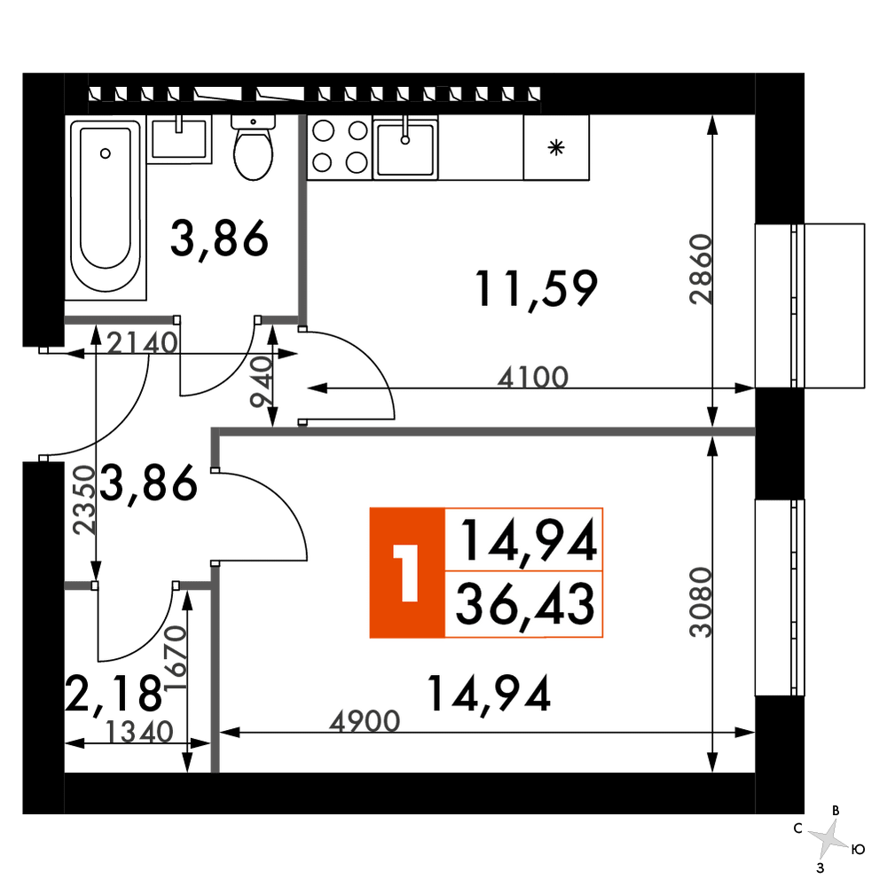 1-комнатная 35 м2 в ЖК Жаворонки Клаб корпус null этаж 4