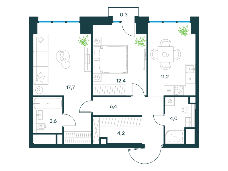 2-комнатная 59 м2 в ЖК Левел Селигерская корпус null этаж 5