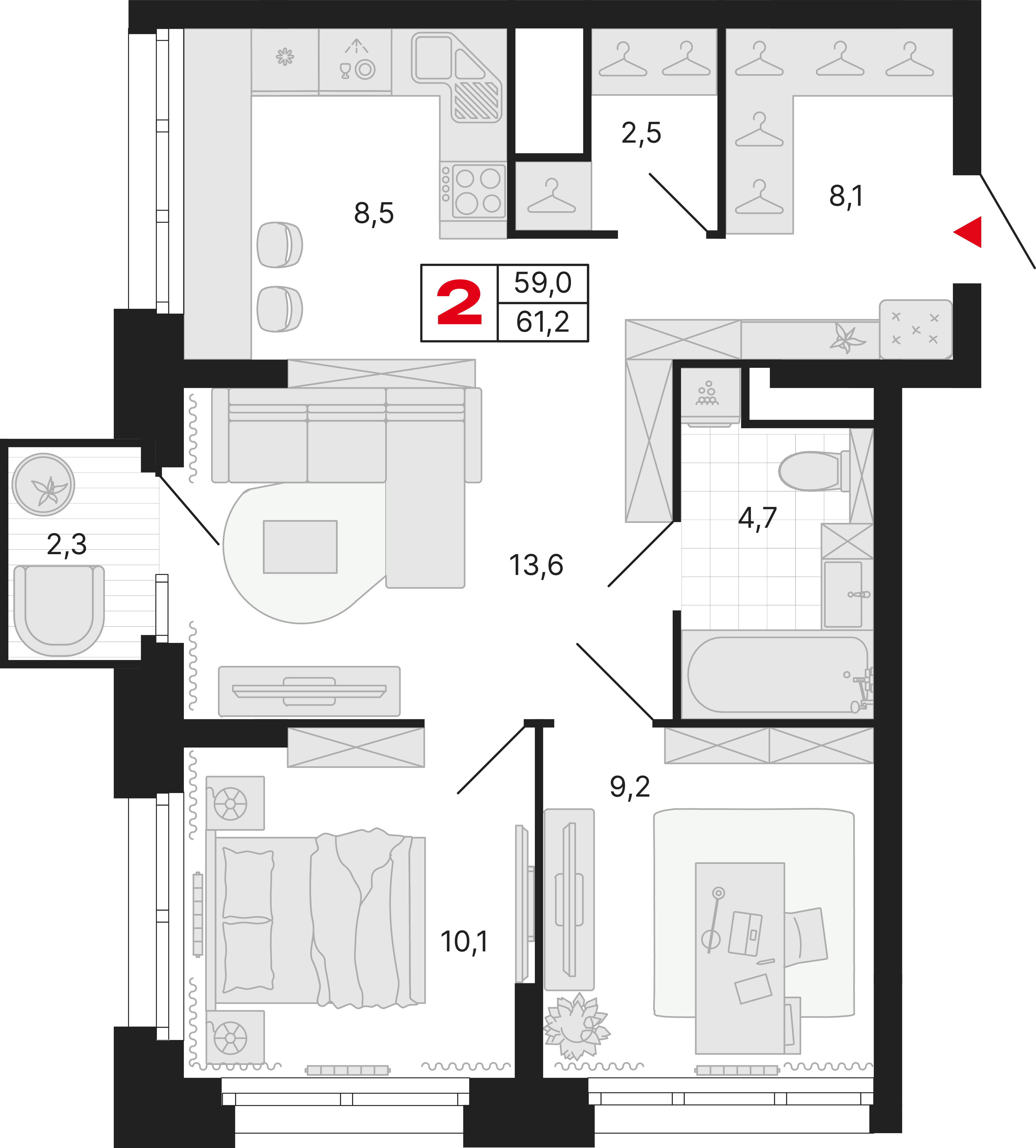 2-комнатная 61 м2 в ЖК Бестселлер корпус null этаж 11