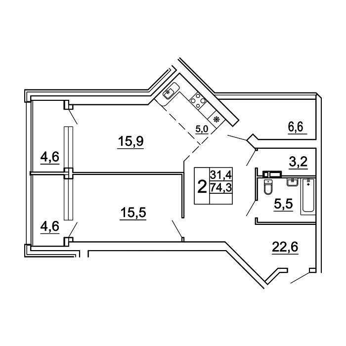 2-комнатная 78 м2 в ЖК Сингапур корпус null этаж 1
