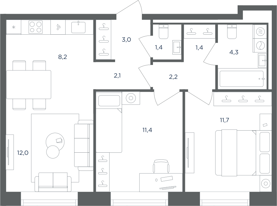 3-комнатная 57 м2 в ЖК Равновесие корпус null этаж 5
