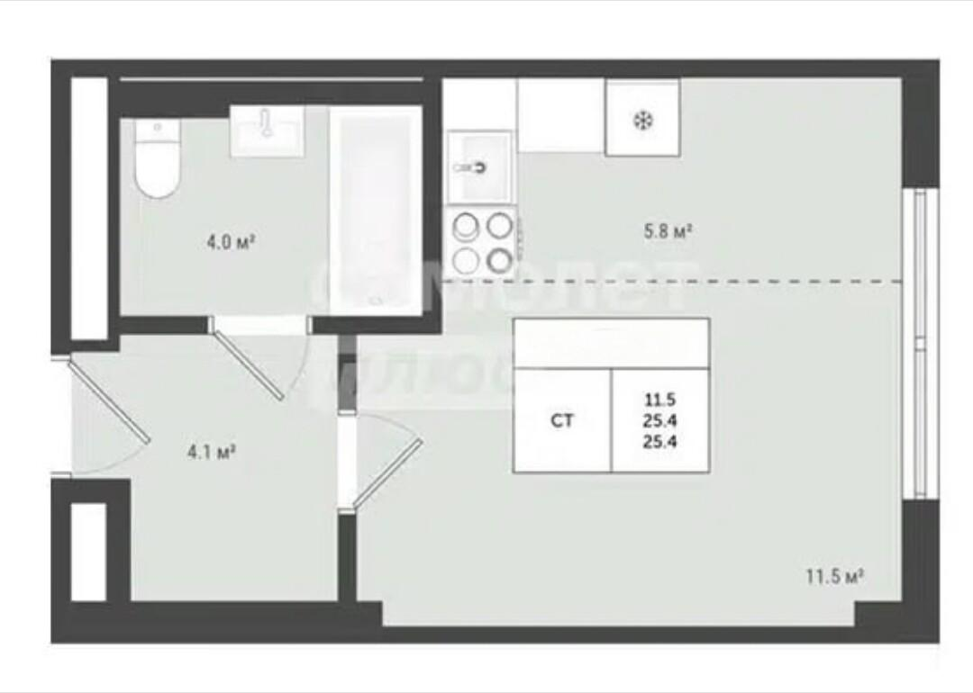 Студия 25.4 м2 в ЖК undefined корпус null этаж 2
