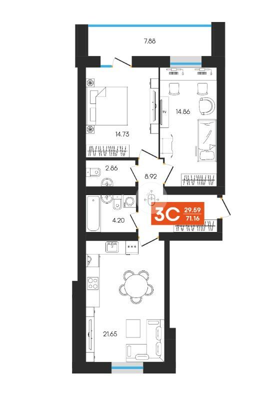 3-комнатная 71.2 м2 в ЖК undefined корпус null этаж 6