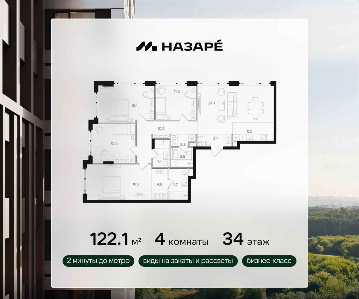 4-комнатная 122 м2 в ЖК НАЗАРÉ корпус null этаж 34