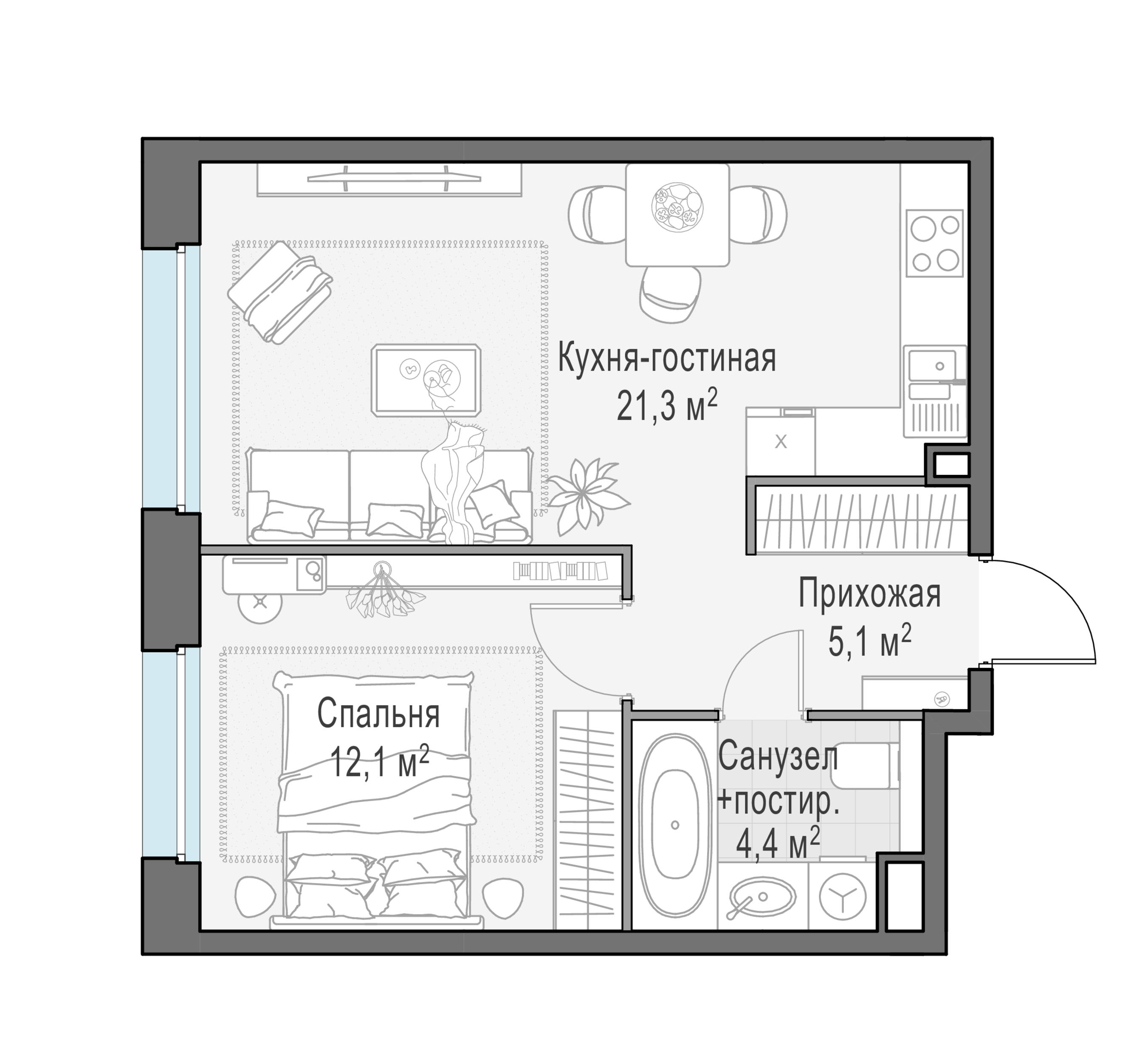 2-комнатная 42 м2 в ЖК Жилые кварталы «Белый Град» корпус null этаж 9