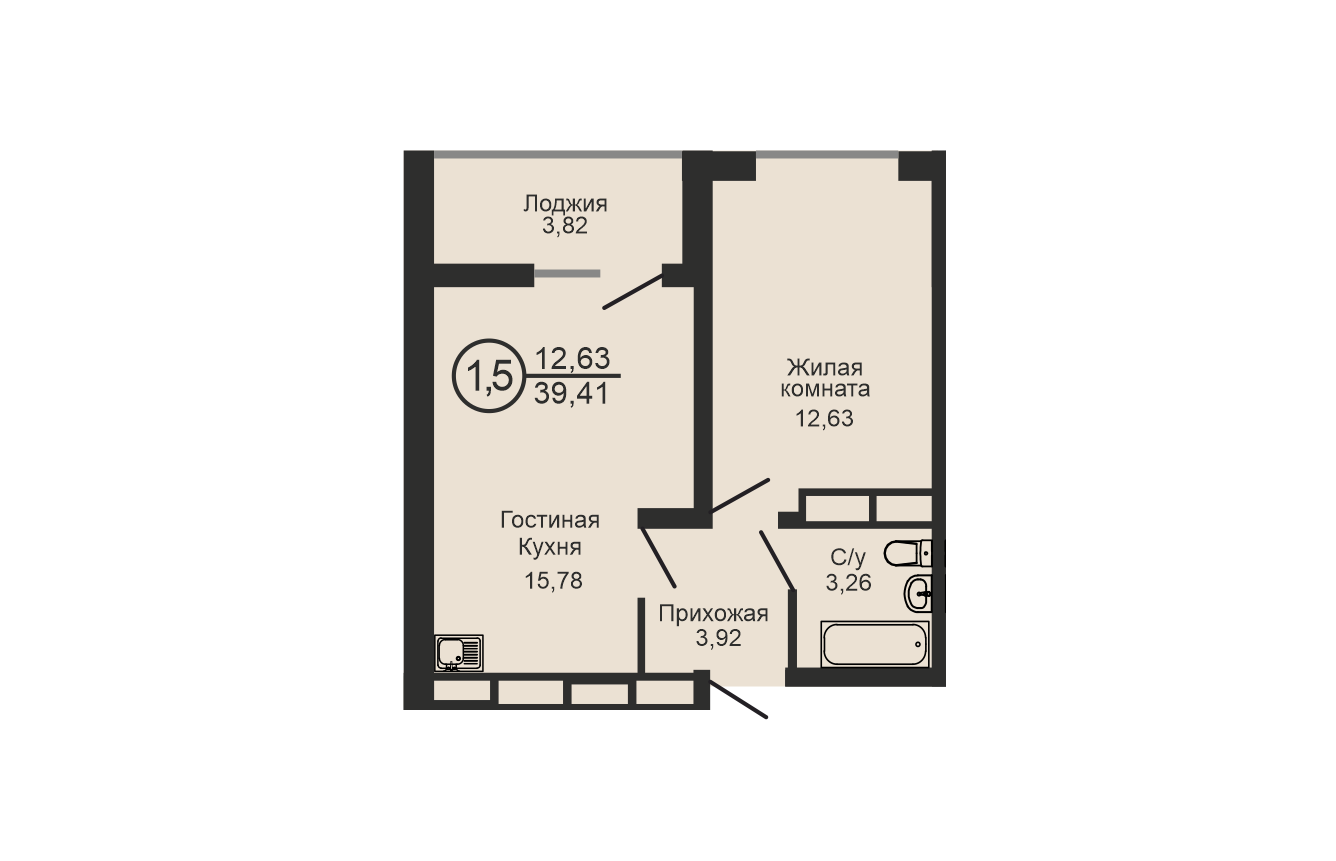 1-комнатная 39.4 м2 в ЖК undefined корпус null этаж 6