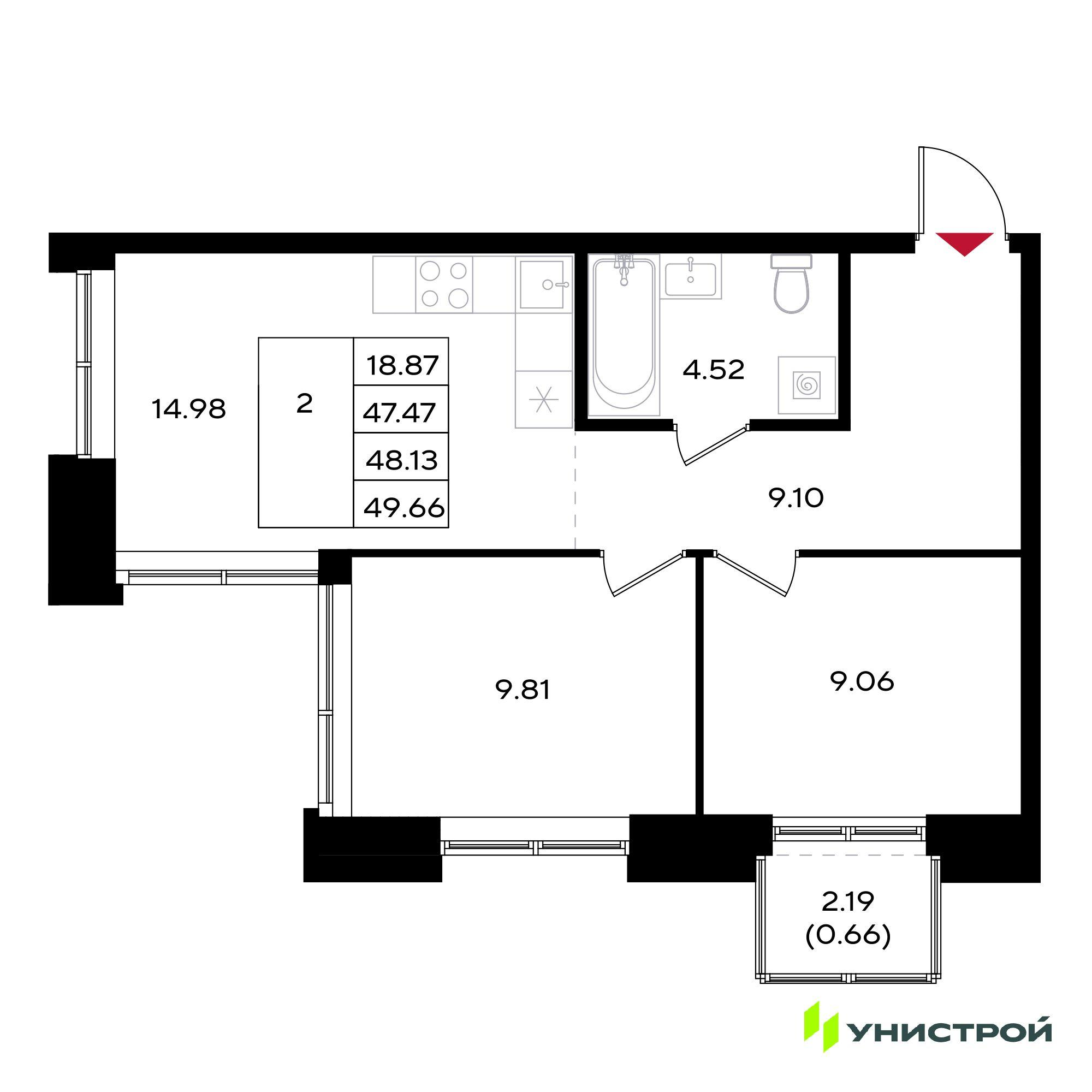 2-комнатная 48 м2 в ЖК Уникум на Энгельса корпус null этаж 15
