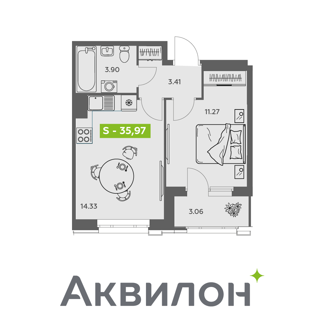 Студия 35 м2 в ЖК Аквилон АКВАРТАЛ корпус null этаж 8