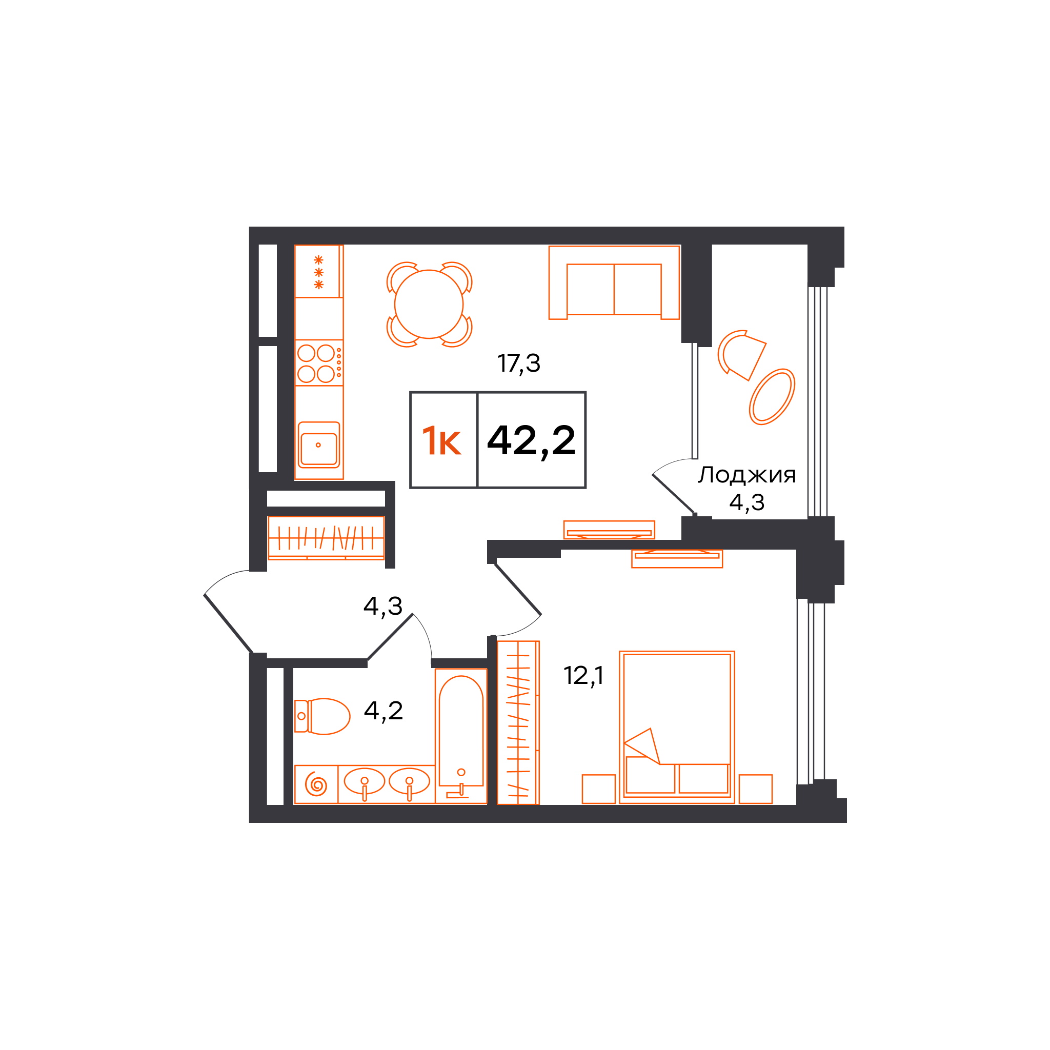 1-комнатная 42 м2 в ЖК Александровский корпус null этаж 2