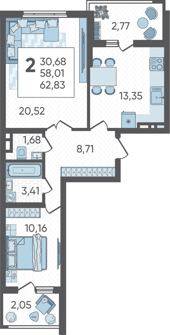 2-комнатная 62 м2 в ЖК Аксиома корпус null этаж 13
