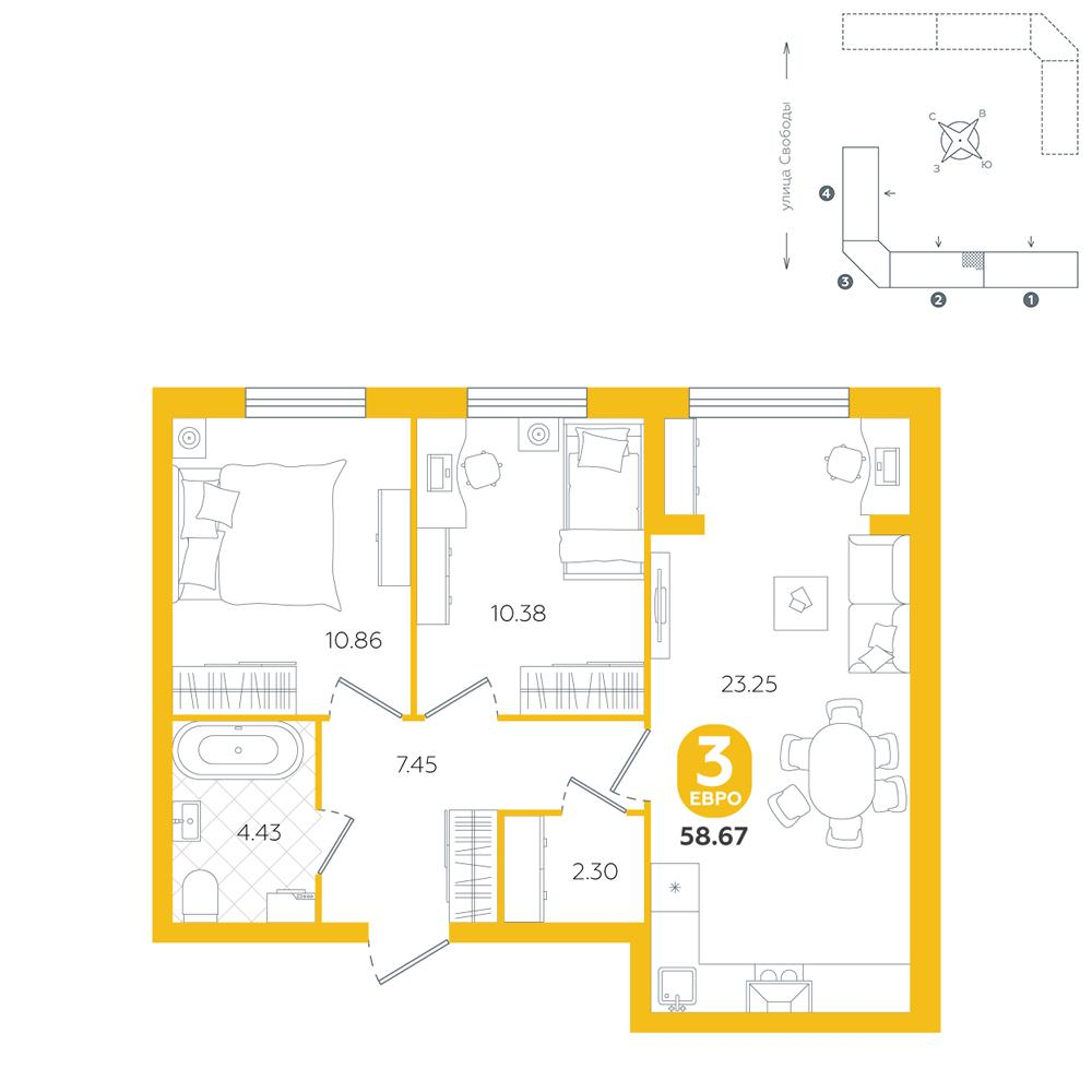 2-комнатная 58 м2 в ЖК Счастье (Ялуторовск) корпус null этаж 5