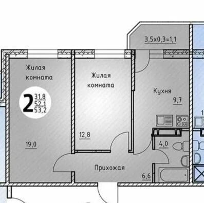 2-комнатная 50.9 м2 в ЖК undefined корпус null этаж 4