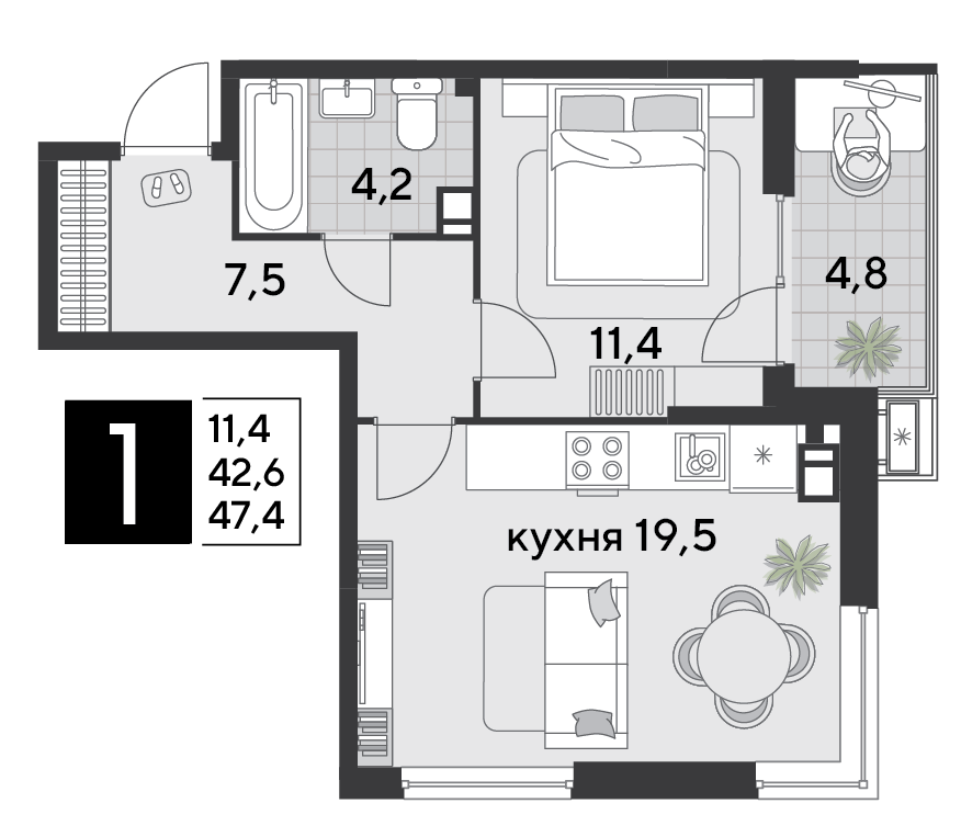 1-комнатная 47 м2 в ЖК Парк Победы 2 корпус null этаж 6