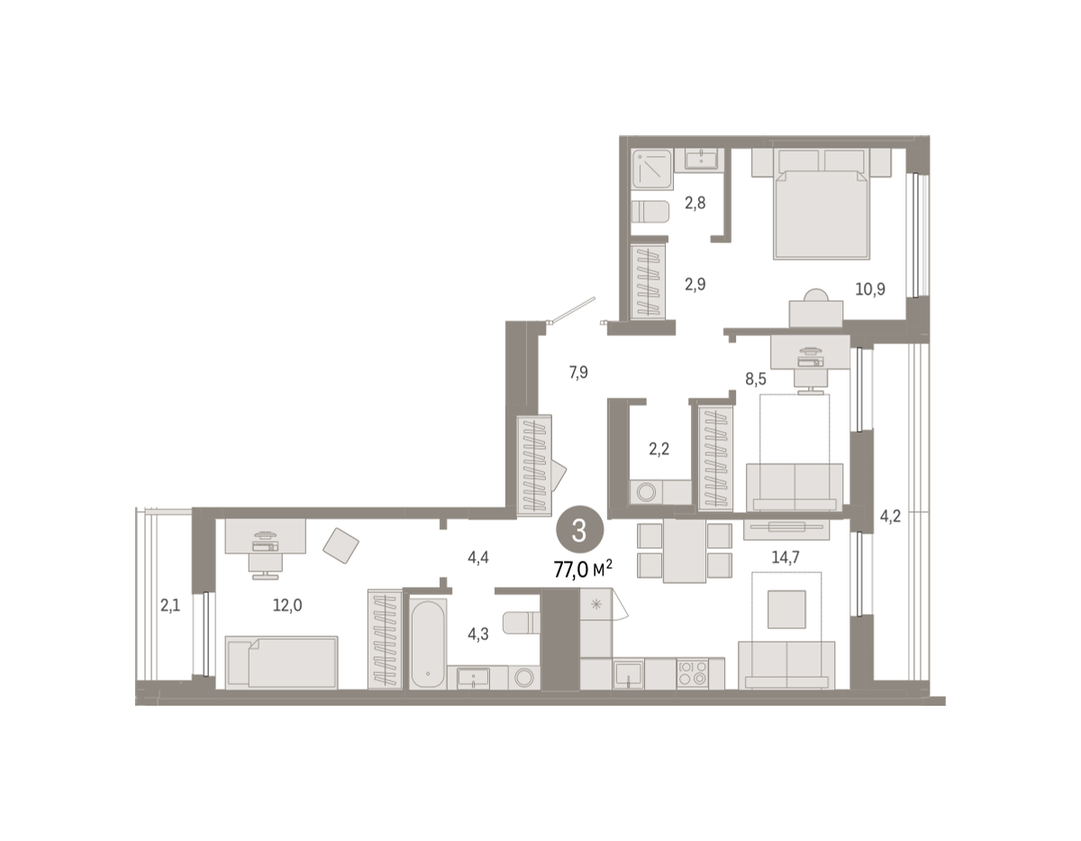 3-комнатная 77 м2 в ЖК Республики 205 корпус null этаж 9