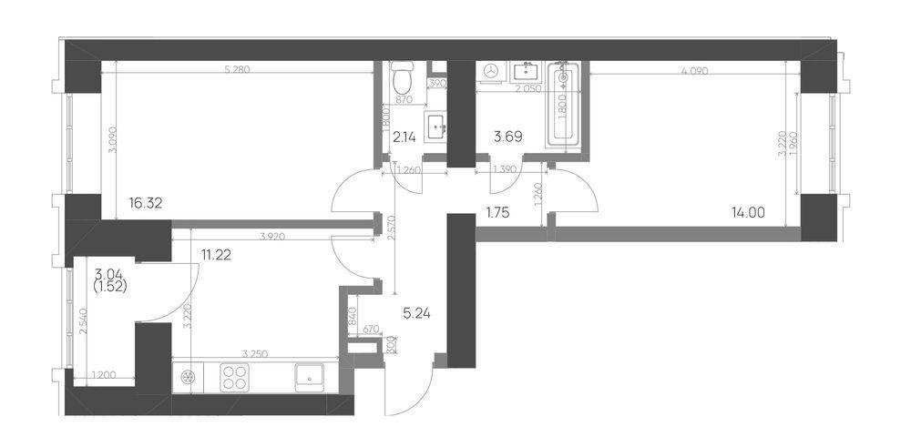 2-комнатная 55 м2 в ЖК Калина корпус null этаж 3