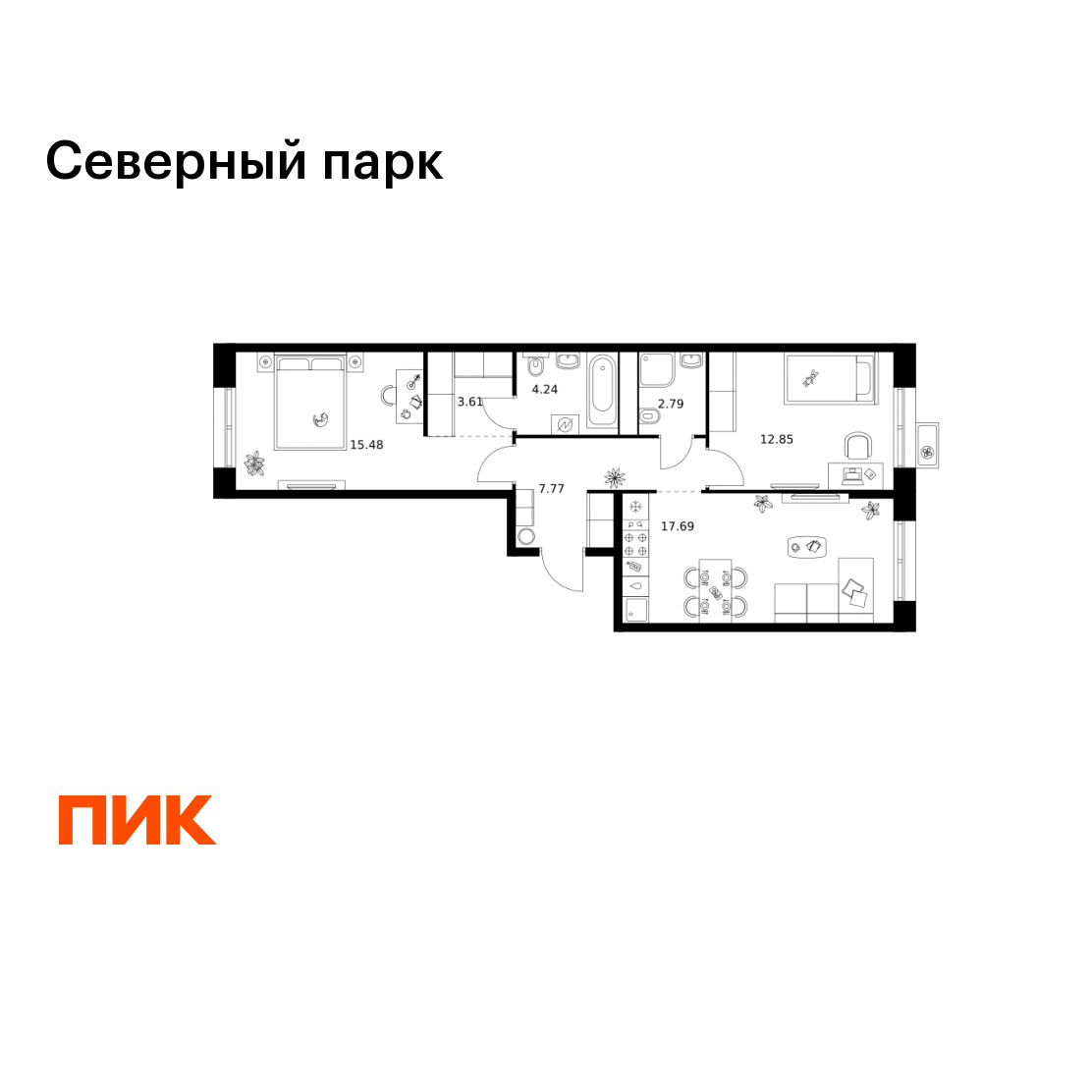 2-комнатная 64 м2 в ЖК Северный парк корпус null этаж 3