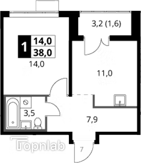 1-комнатная 38 м2 в ЖК undefined корпус null этаж 14