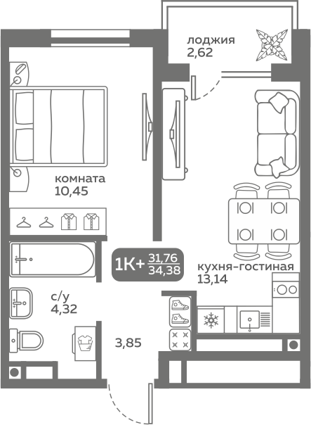 1-комнатная 31 м2 в ЖК Меридиан Слобода корпус null этаж 13