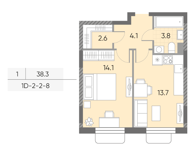 1-комнатная 38 м2 в ЖК Дмитровское небо корпус null этаж 8