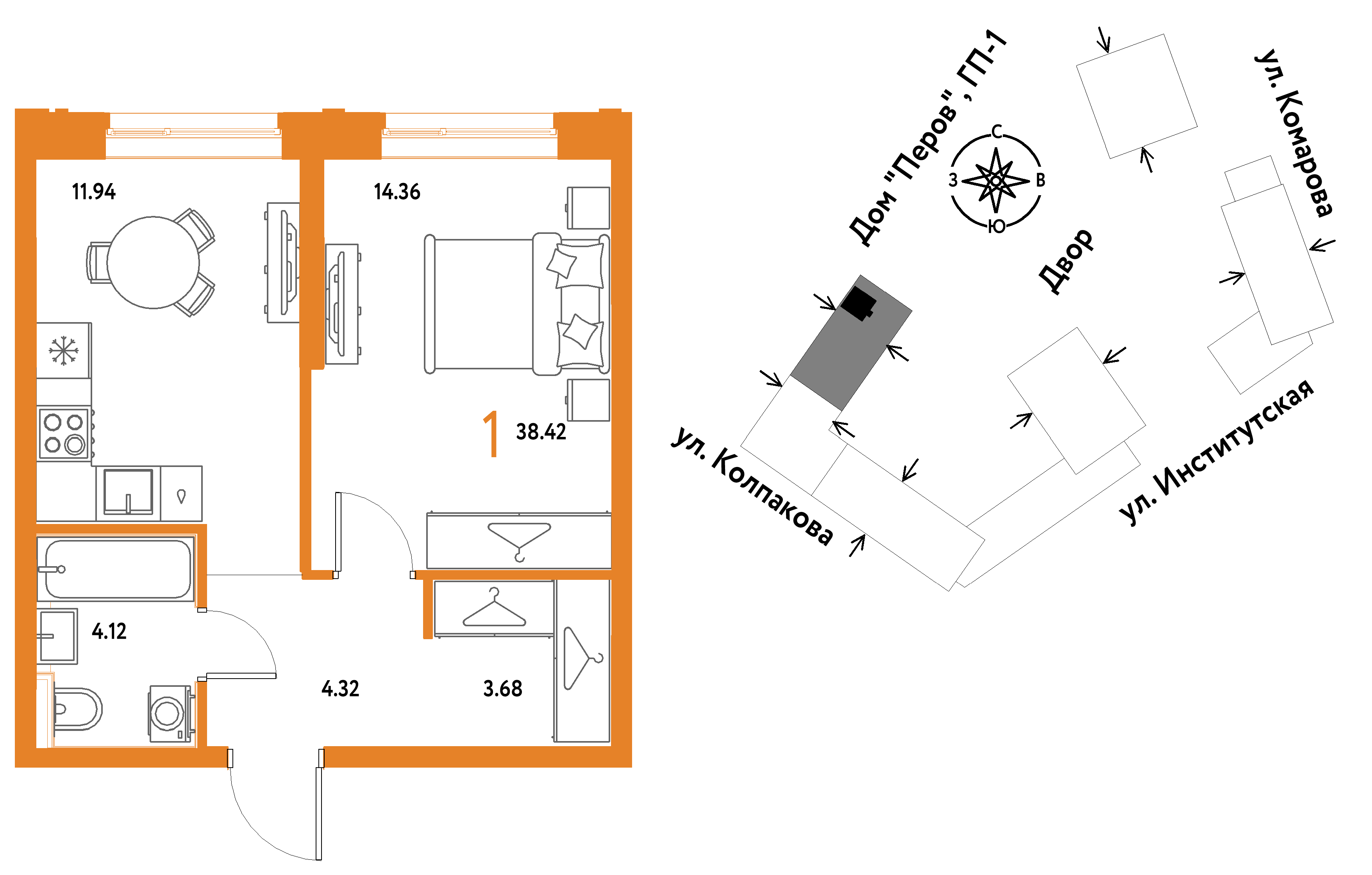 1-комнатная 38 м2 в ЖК Страна.Парковая корпус null этаж 6