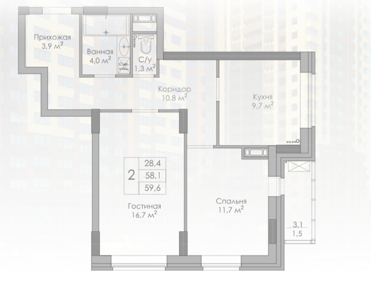 2-комнатная 59.6 м2 в ЖК undefined корпус null этаж 13